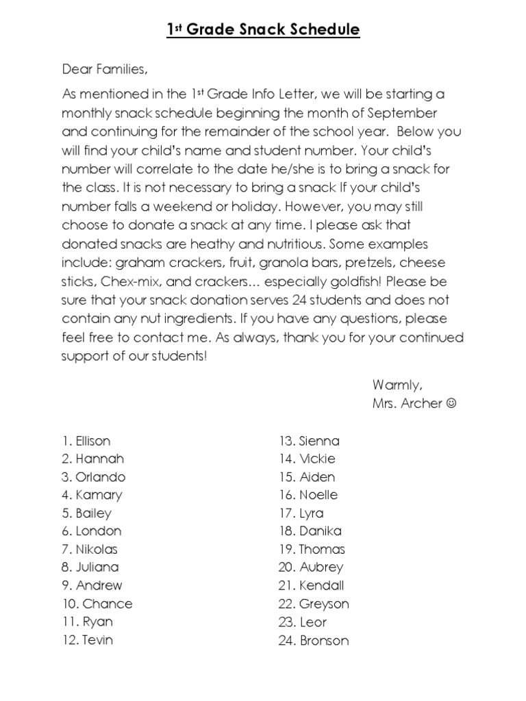 1st Grade Snack Schedule | PDF