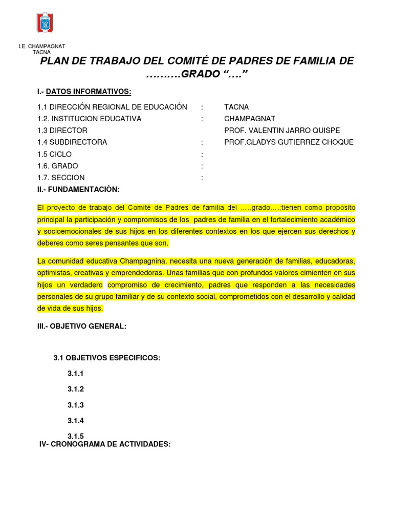 Plan Del Comite de Padres de Familia 2019 (2) Modificación de