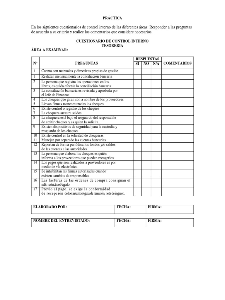 Cuestionarios de Control Interno | PDF | Presupuesto | Cheque
