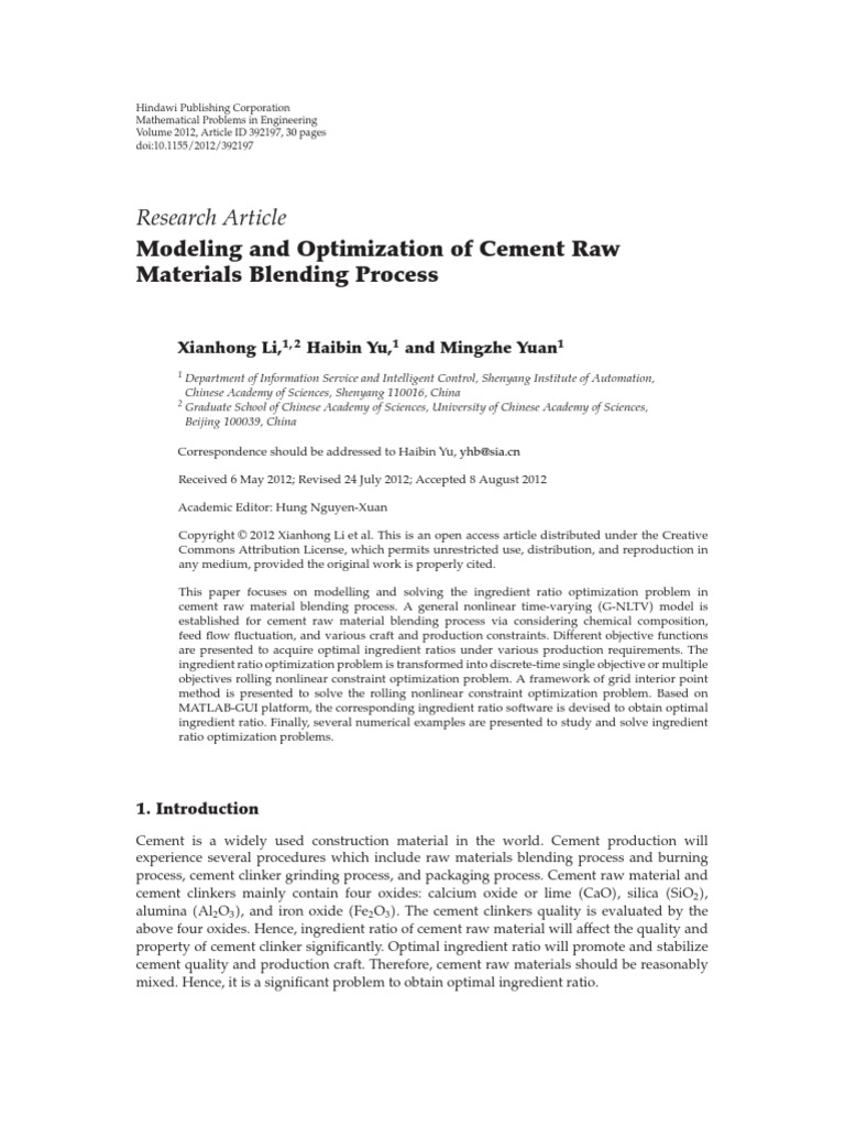 Research Article: Modeling and Optimization of Cement Raw Materials ...