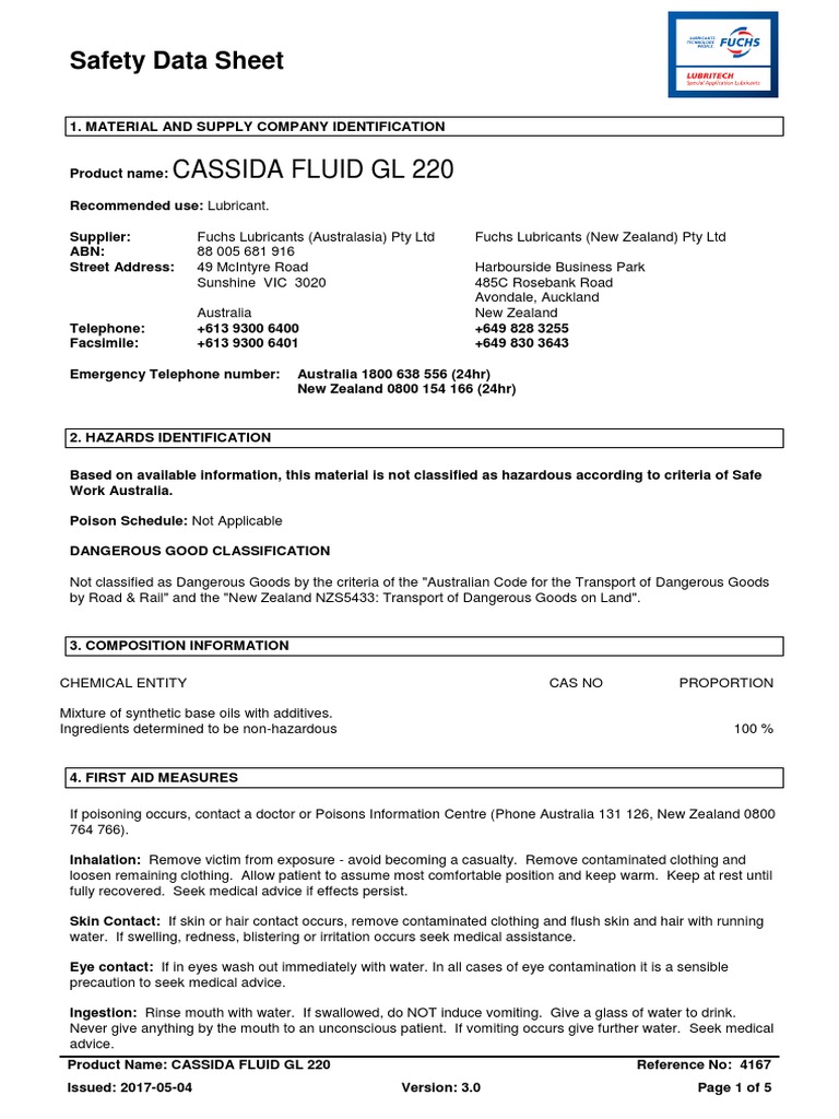 Safety Data Sheet for CASSIDA FLUID GL 220 Lubricant Hazard
