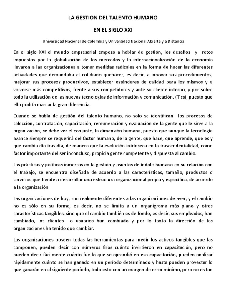 Gestión del Talento Humano en el Siglo XXI | PDF | Planificación ...