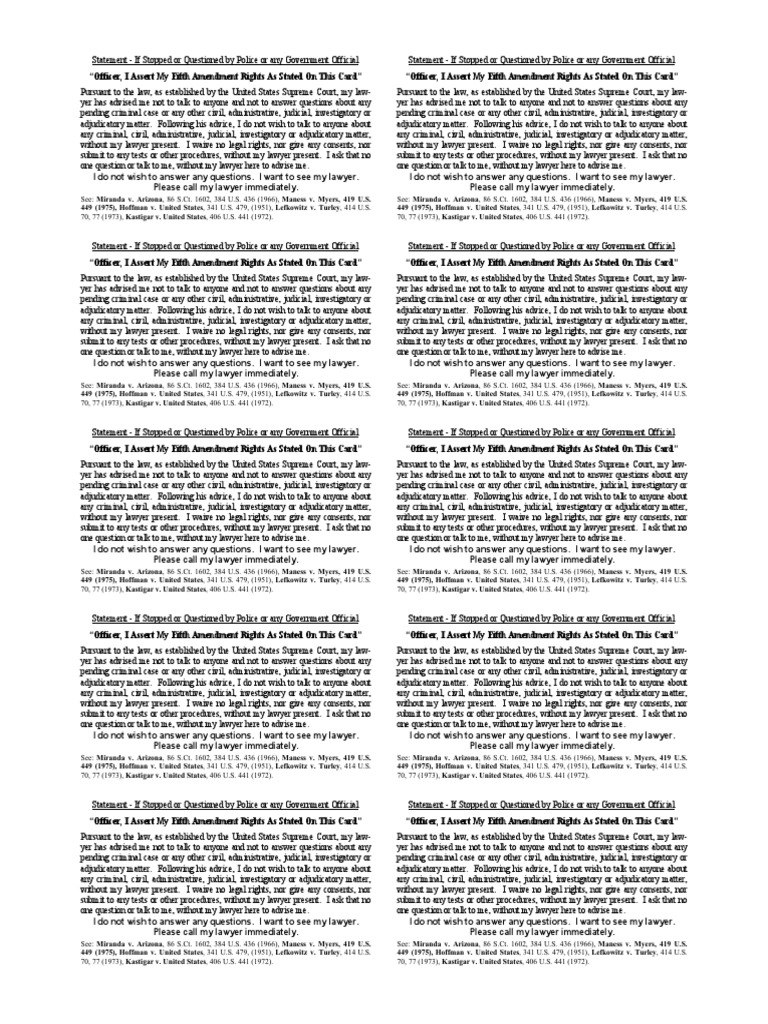 Fifth Amendment Rights Statement Card | PDF