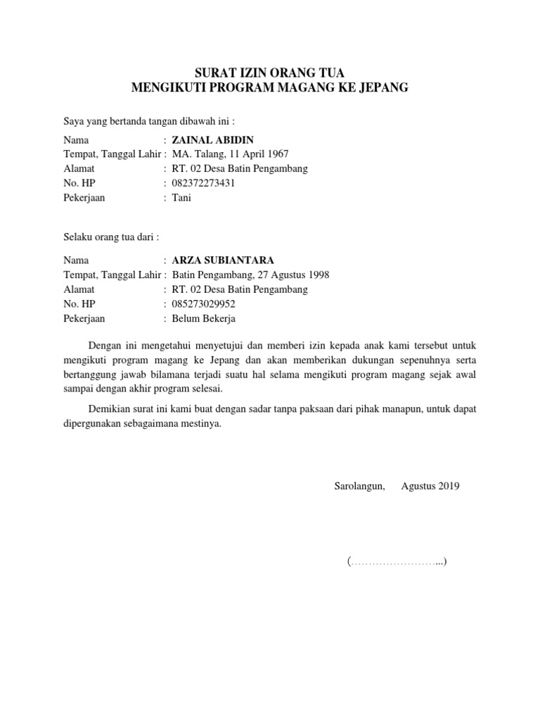 Contoh Surat Izin Orang Tua Untuk Magang Di Jepang
