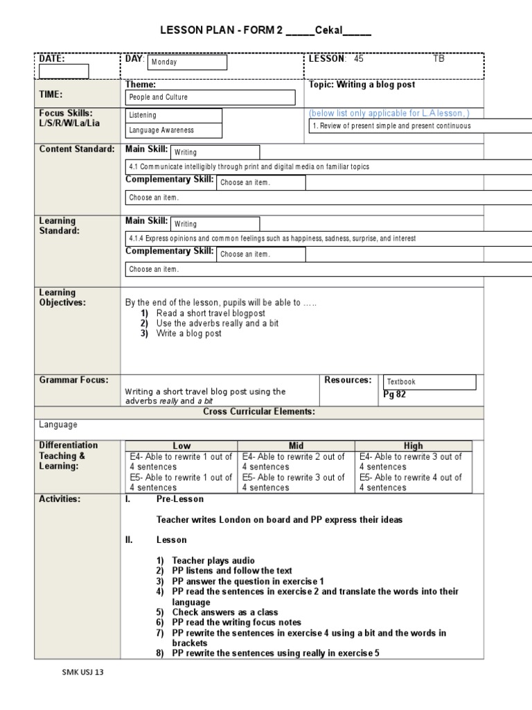 LESSON PLAN - FORM 2 - Cekal - : (Below List Only Applicable For L.A ...