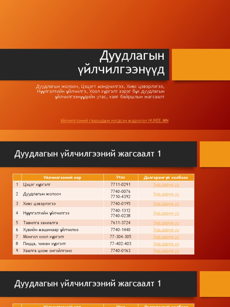 Дуудлагын үйлчилгээнүүдийн утасны дугаар /Duudlagiin uilchilgee/ | PDF