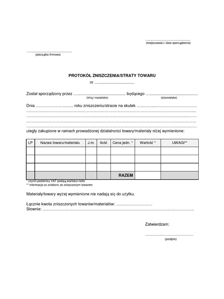Protok Zniszczenia Towaru Wz r PDF