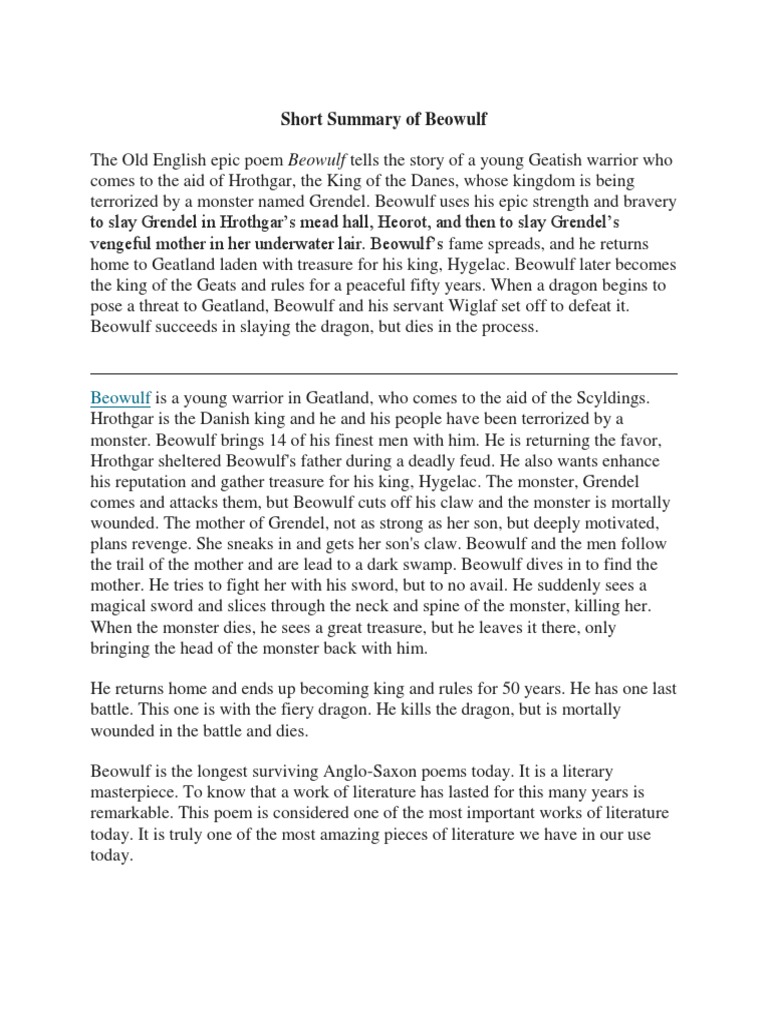 beowulf summary essay 300 words