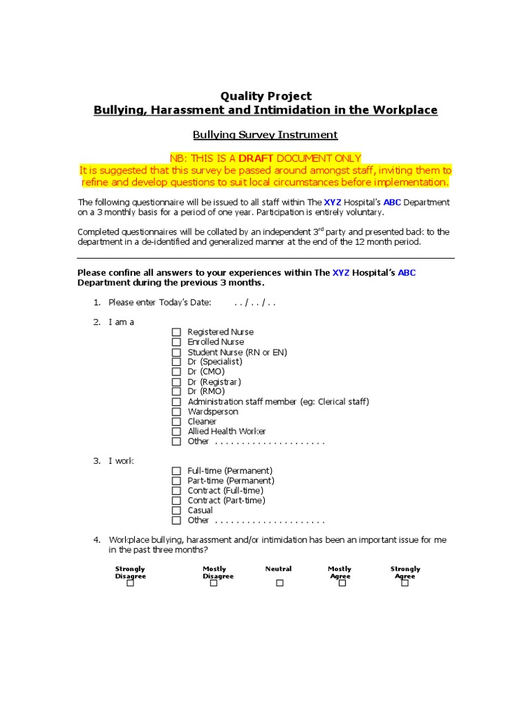 Workplace Bullying Survey Draft | PDF | Workplace Bullying | Bullying