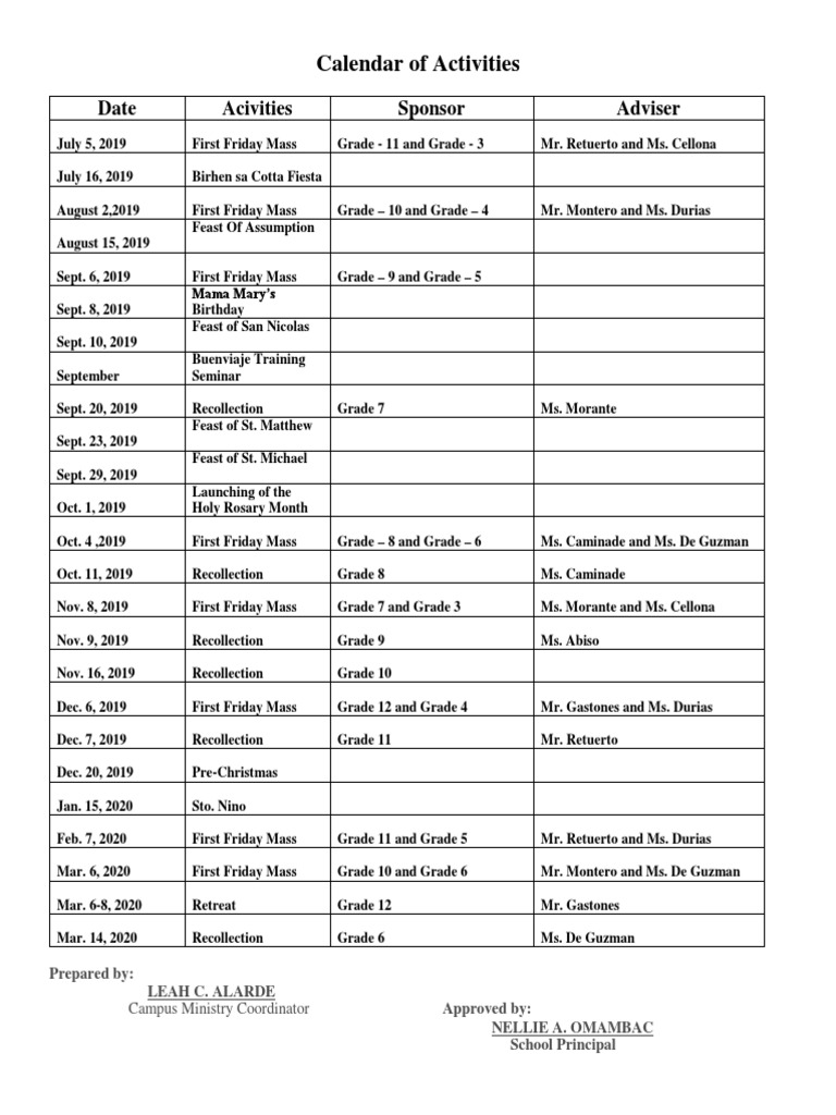 School Activity Calendar 2019-2020 | PDF | Sustainability ...