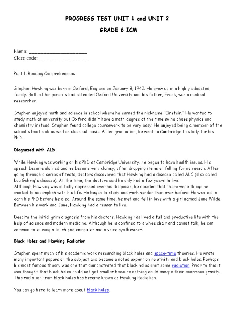 Grade 6 Progress Test Units 1 and 2 | PDF | Stephen Hawking | Black Hole