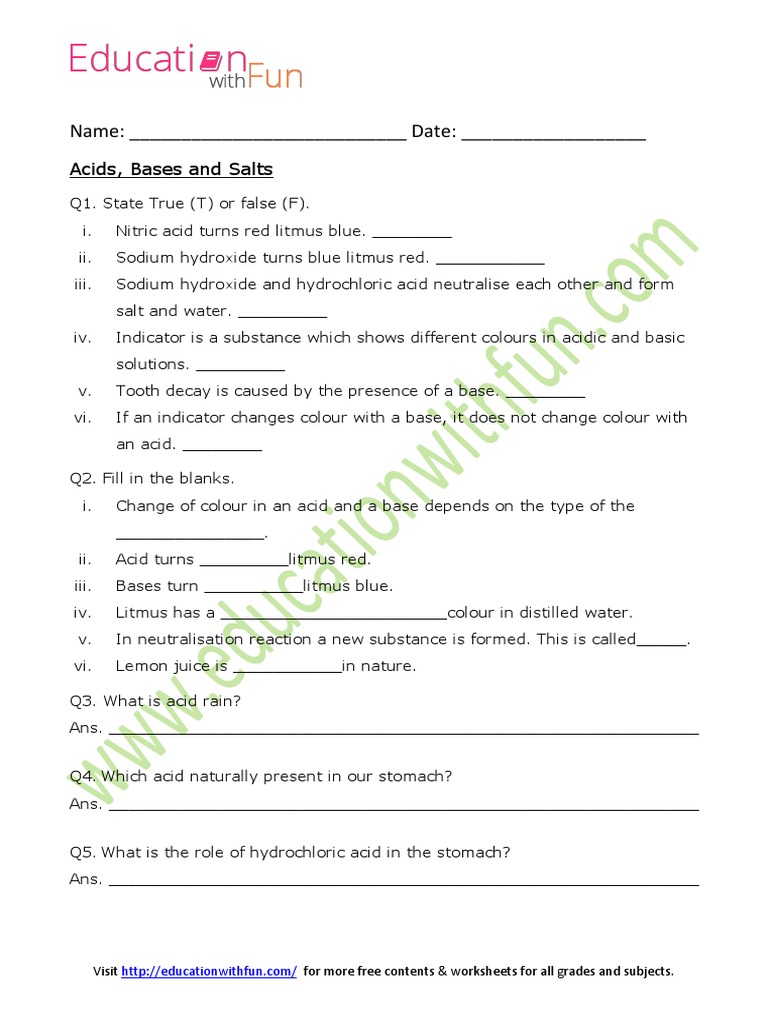 Acids Bases And Salts Worksheet 1 Acid Physical Chemistry