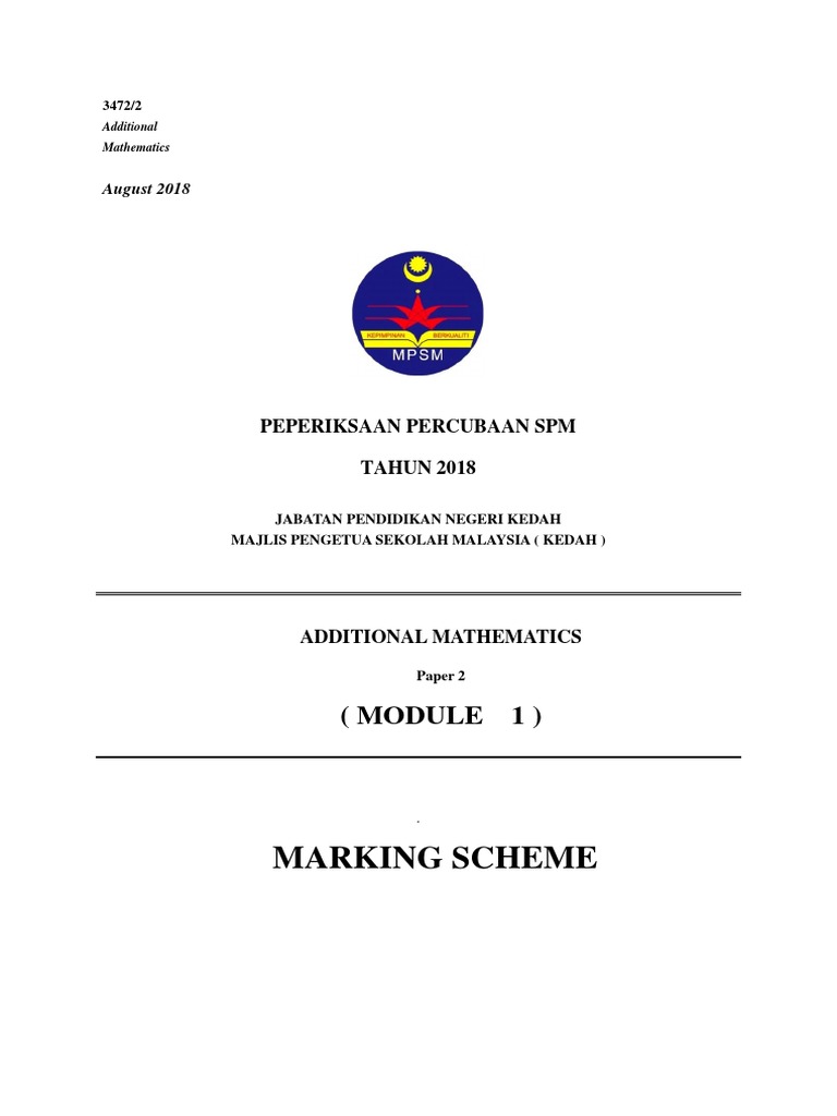 Additional Mathematics SPM 2018 Marking Scheme | PDF | Sine | Teaching ...