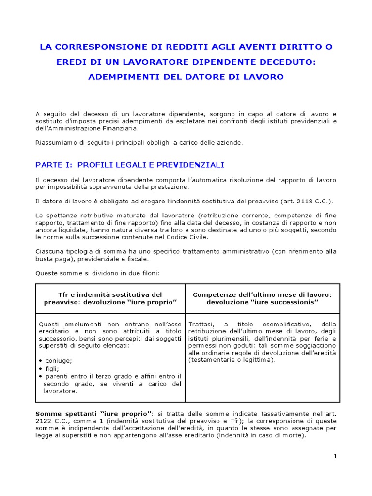Il Decesso Del Lavoratore - Adempimenti | PDF