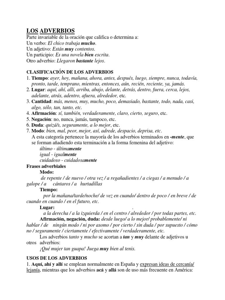 Clasificación y Usos de los Adverbios | PDF | Adverbio | Unidades ...