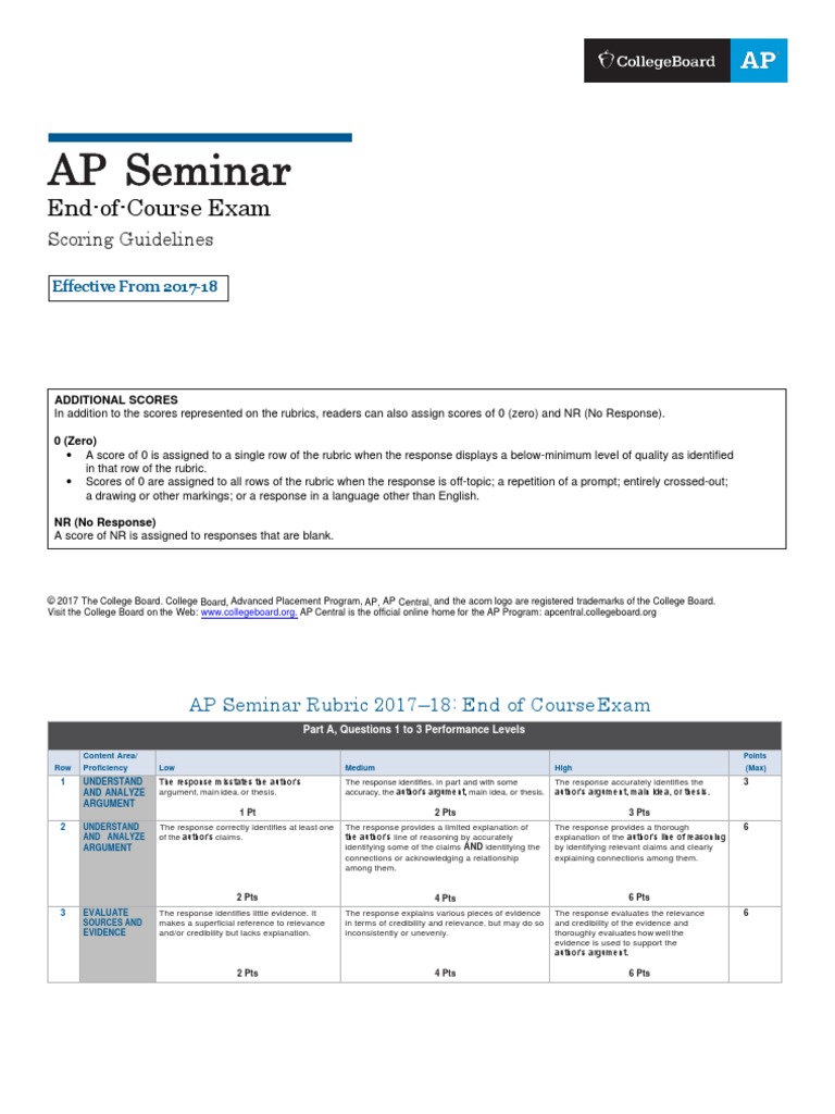 Ap Seminar EndOfCourse Rubric PDF Advanced Placement Argument