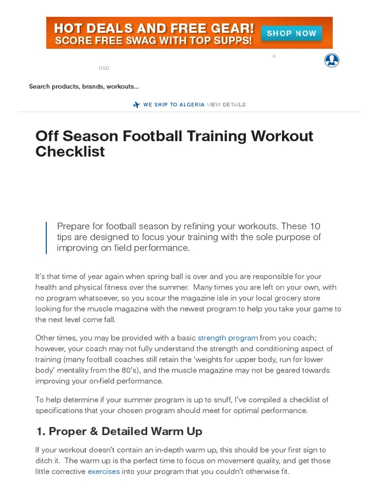 Off Season Football Training Workout Checklist Muscle & Strength