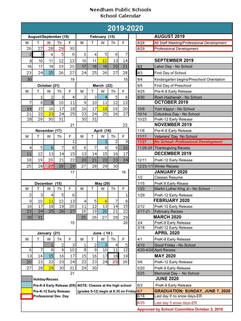 Needham 201920 School Calendar High Holy Days Ten Days Of Repentance