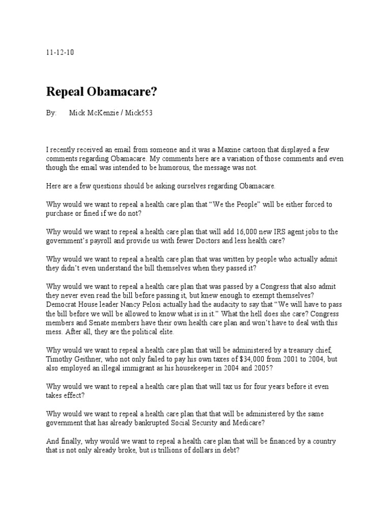 Obamacare Is Not About Healthcare | PDF | Politics Of The United States ...