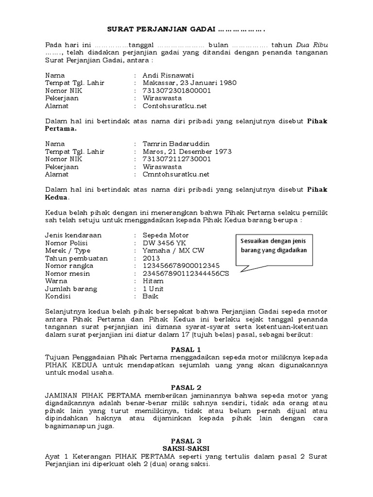 Surat Perjanjian Gadai