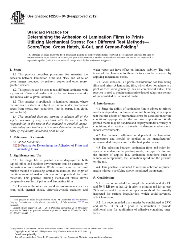 ASTM F2296 Lamination Test Methods PDF Lamination Adhesion