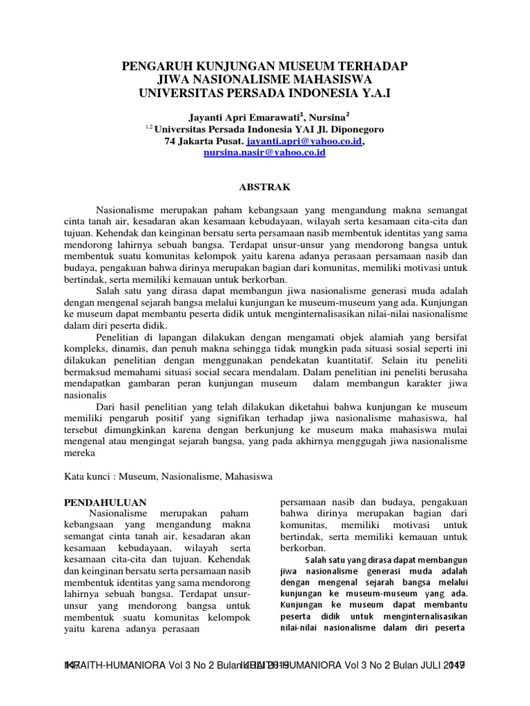 Pengaruh Kunjungan Museum Terhadap Jiwa Nasionalisme Pengaruh Kunjungan Museum Terhadap Jiwa Nasionalisme