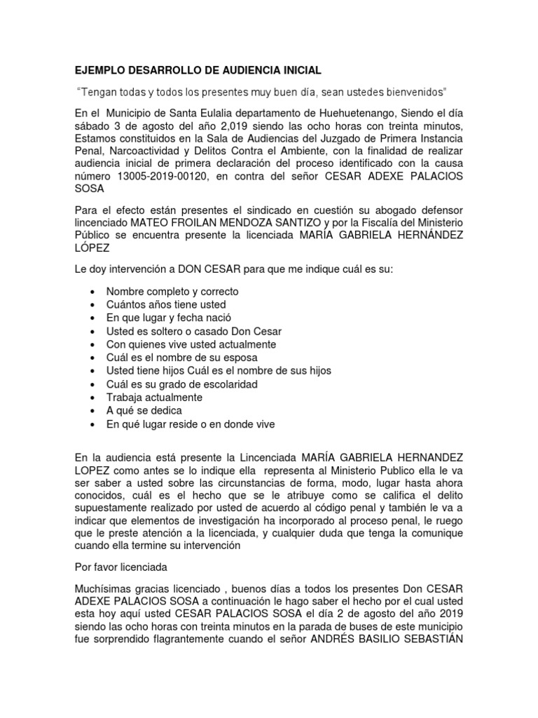 Ejemplo de Audiencia Inicial Penal | PDF | Ley procesal | Policía