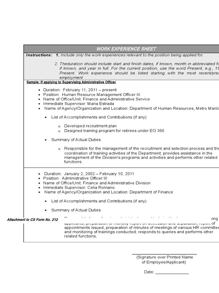 Work Experience Sheet Template | PDF | Human Resources | Employment