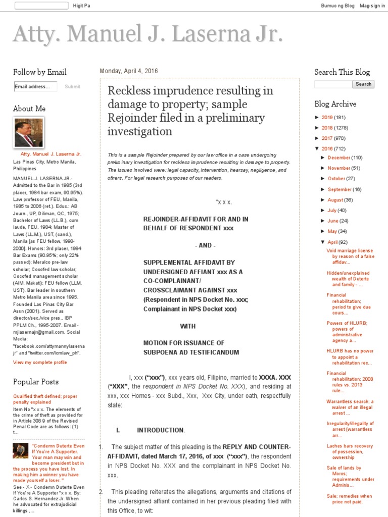 Reckless Imprudence: Legal Rejoinder Sample | PDF | Affidavit | Lawsuit