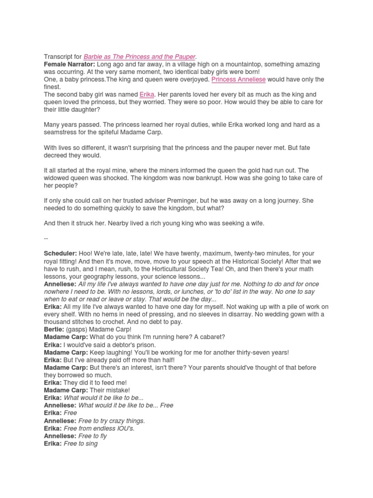 Barbie as The Princess and The Pauper Transcript | PDF