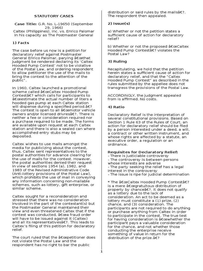 Statutory Cases Case Title G.R. No. L19650 (September 2) Issue(s