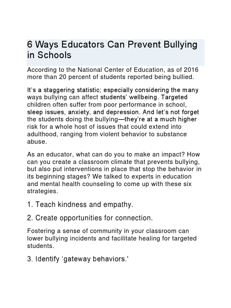 6 Ways Educators Can Prevent Bullying in Schools | PDF | Bullying ...