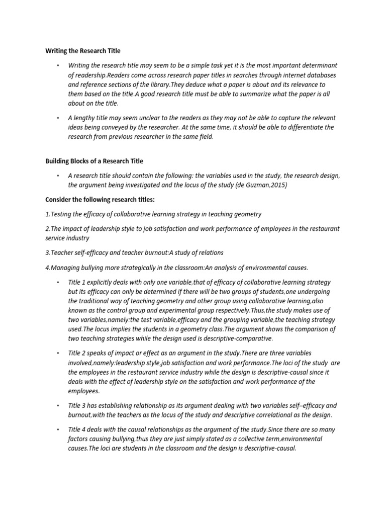 Crafting Effective Research Titles | PDF | Causality | Job Satisfaction