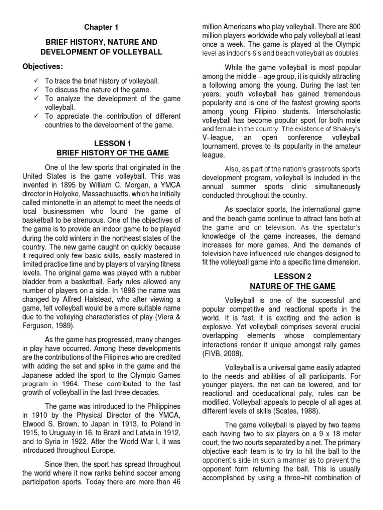 Brief History, Nature and Development of Volleyball Objectives PDF