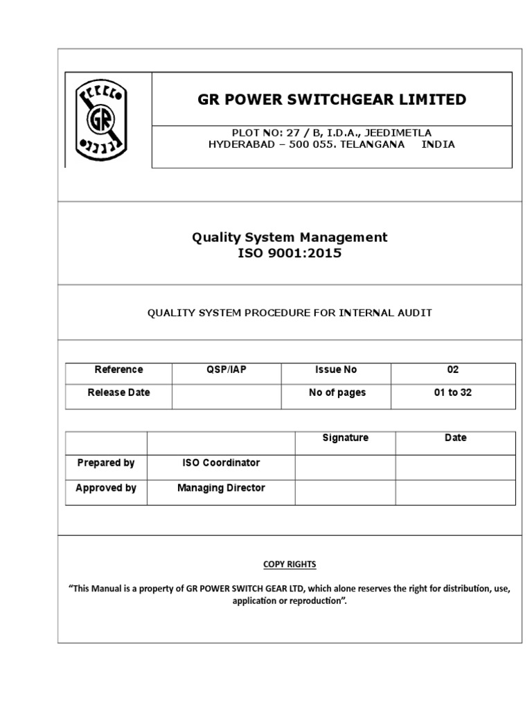 GR Power Switchgear Limited Quality System Management ISO 90012015