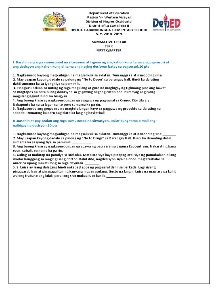 ESP 6 Summative Test 1st Quarter - Docx Version 1 | PDF