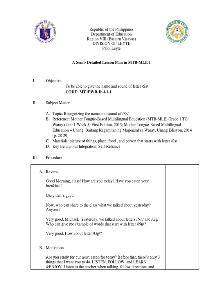 MTB-MLE Grade 1 Lesson Plan: Letter S | PDF | Lesson Plan | Cognition