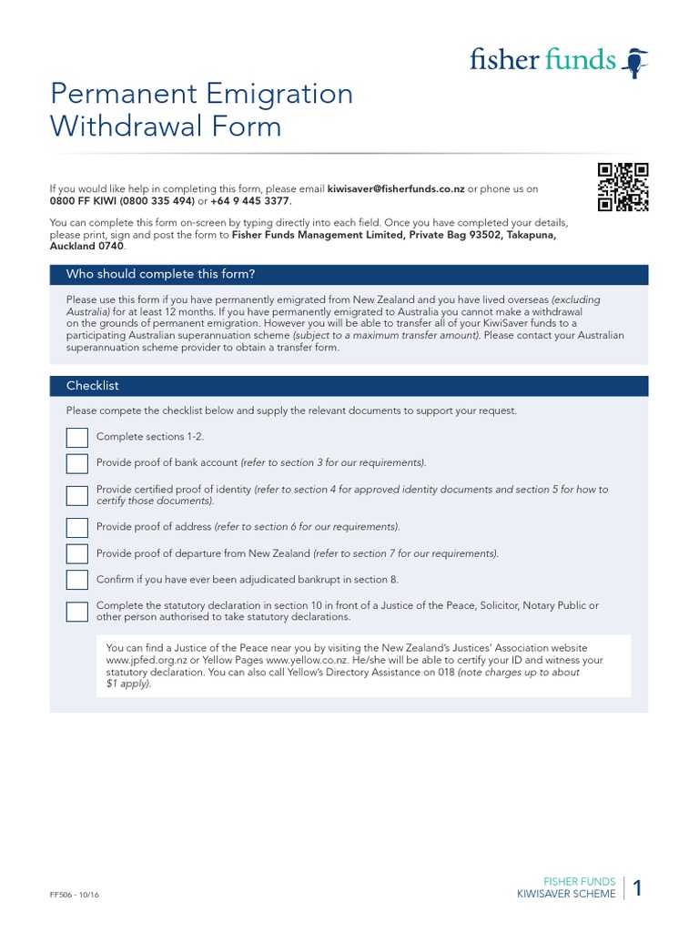 FF506 KiwiSaver Permanent Emigration Withdrawal Form PDF Identity Document Birth Certificate