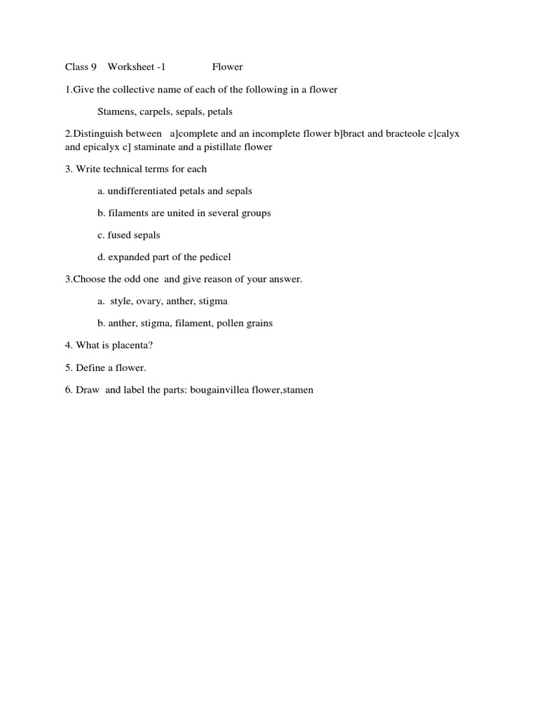 Class 9 ICSE Flower Worksheet PDF