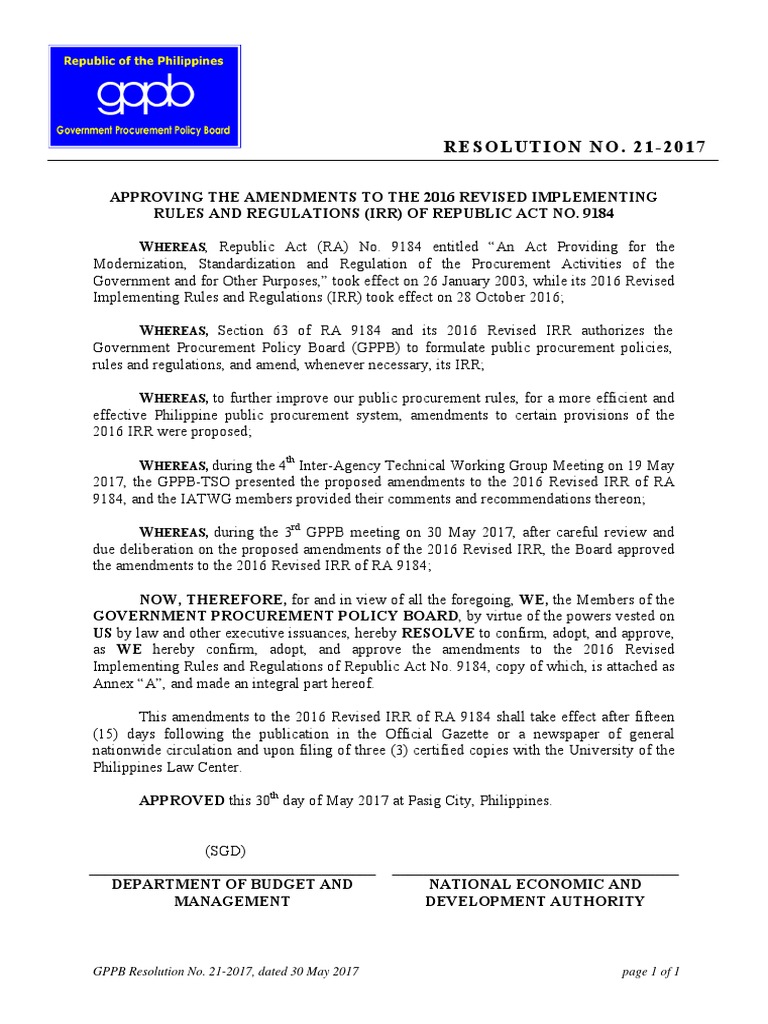 GPPB resolution no. 21 2017 Procurement Lease
