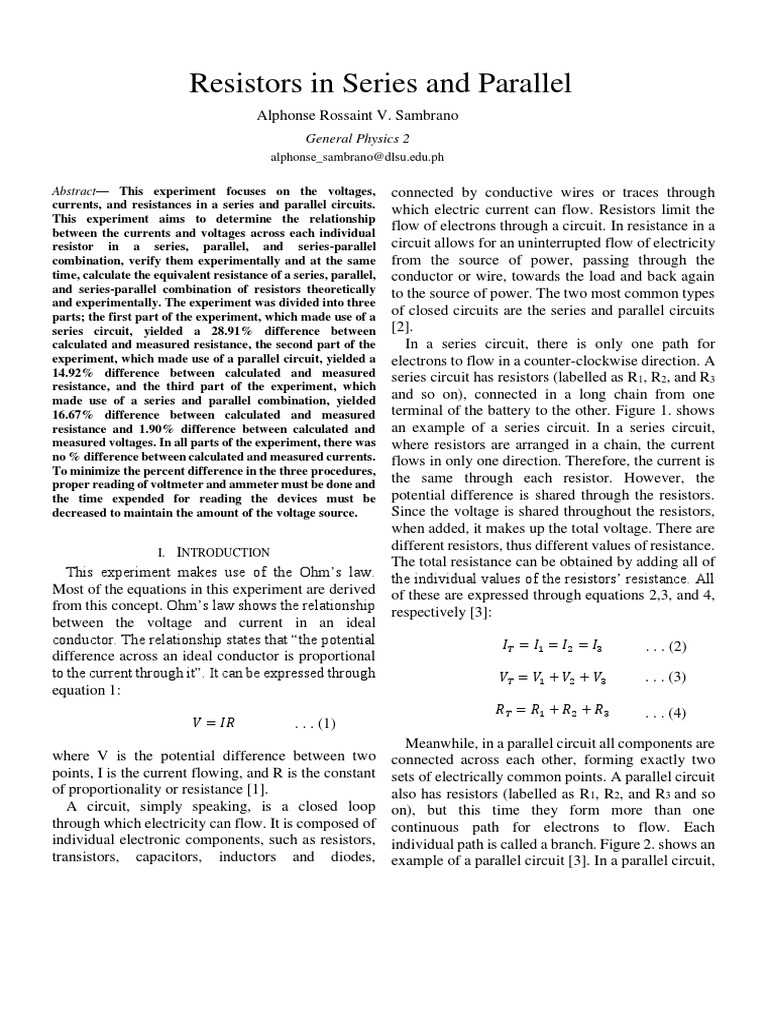 Resistors in Series and Parallel Individual Lab Report PDF Series And Parallel Circuits Volt