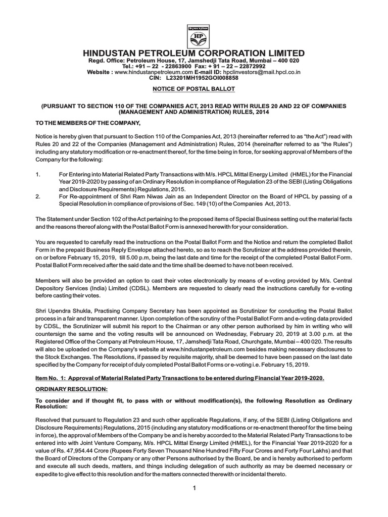 Notice of Postal Ballot | PDF | Board Of Directors | Electronic Voting