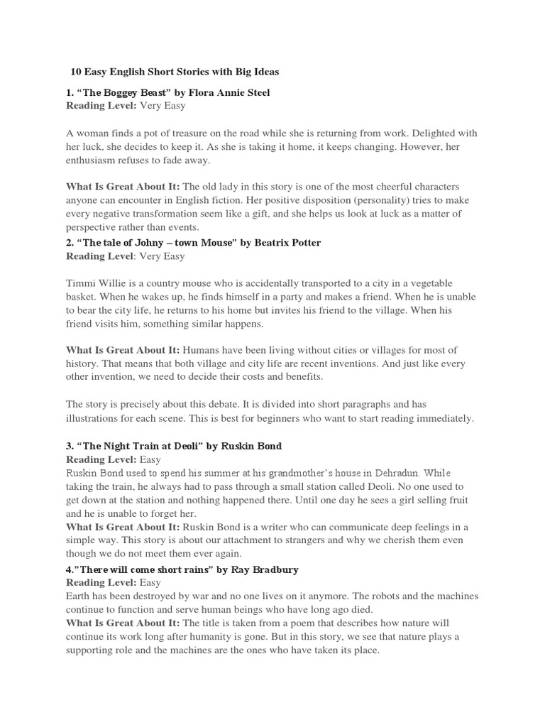 Insights Into Short Stories Summaries and Analysis of 10 Easy English