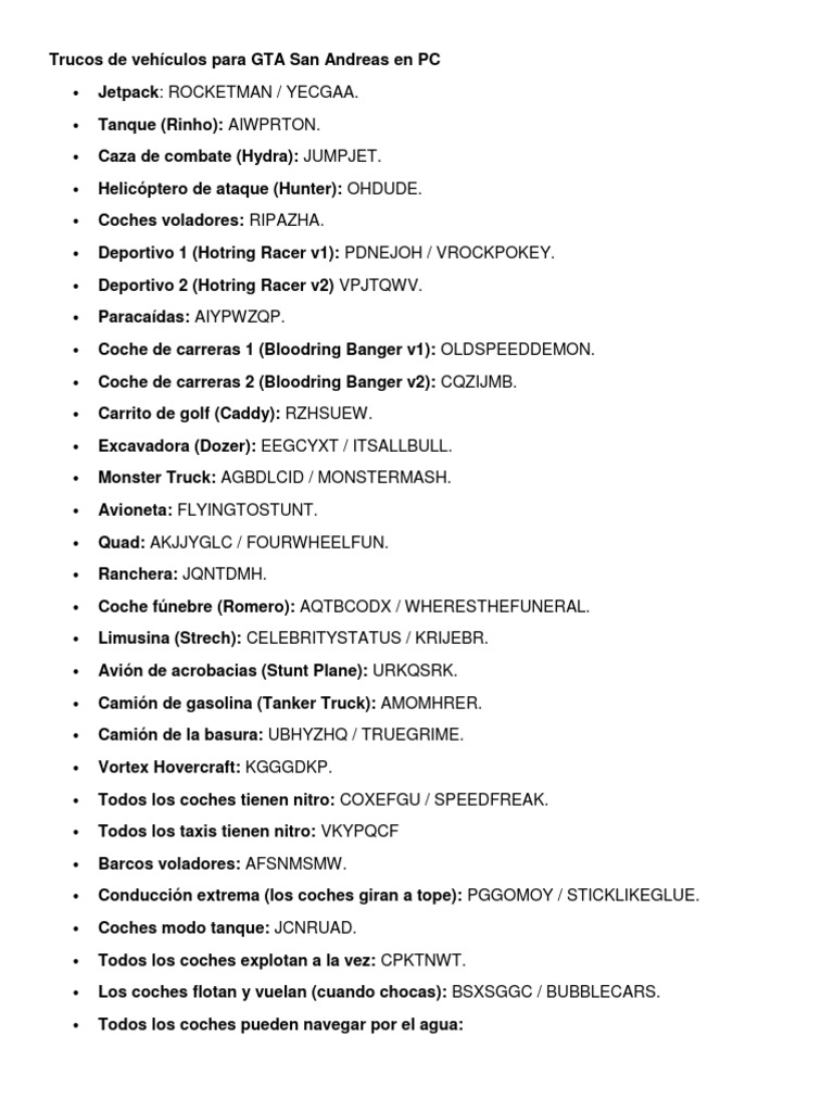 Trucos de vehículos en GTA San Andreas PC | PDF | Arsenal