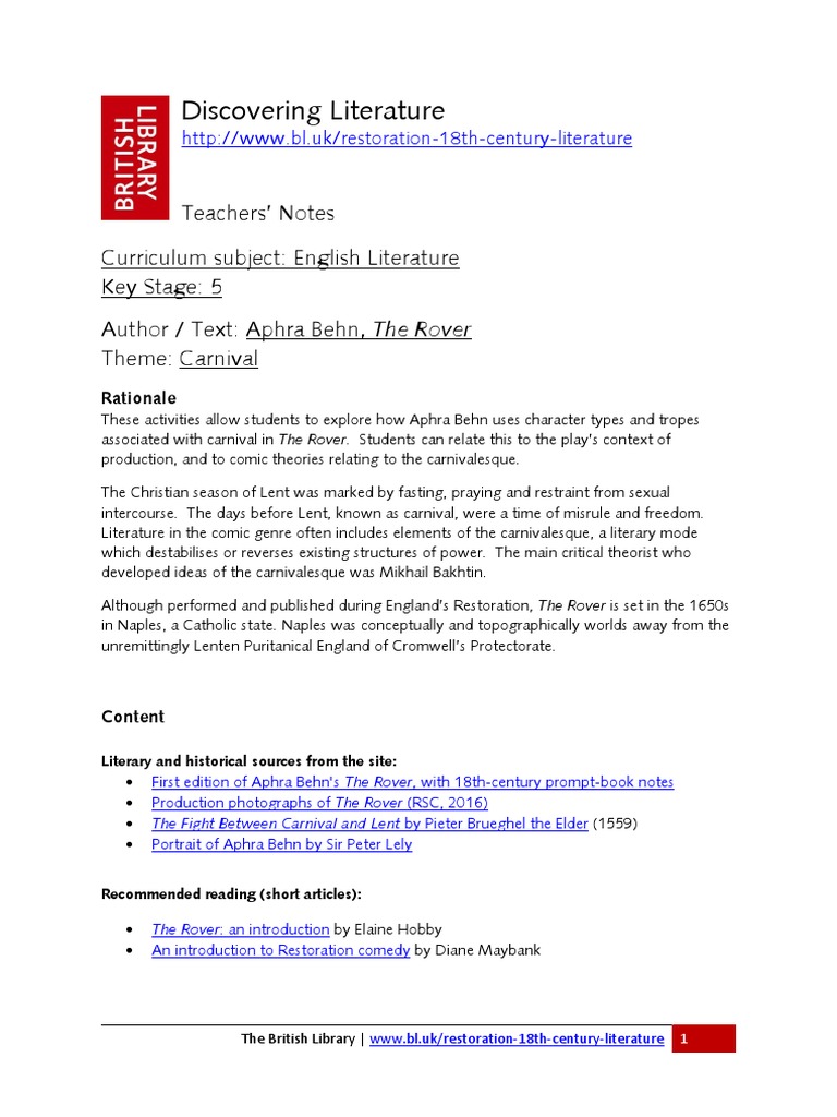 Discovering Literature Teachers Notes Aphra Behn The Rover PDF