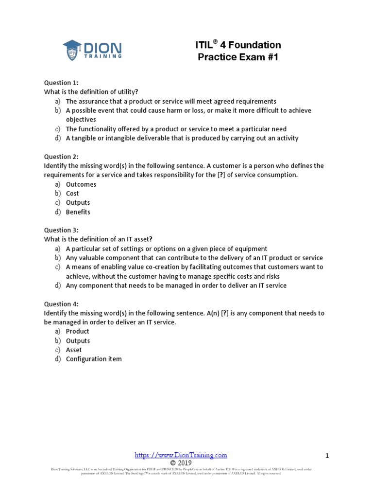 ITIL 4 Foundation (Practice Exam 2) Itil It Service Management