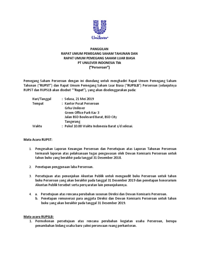 Undangan RUPS Unilever 2019 | PDF | Hukum