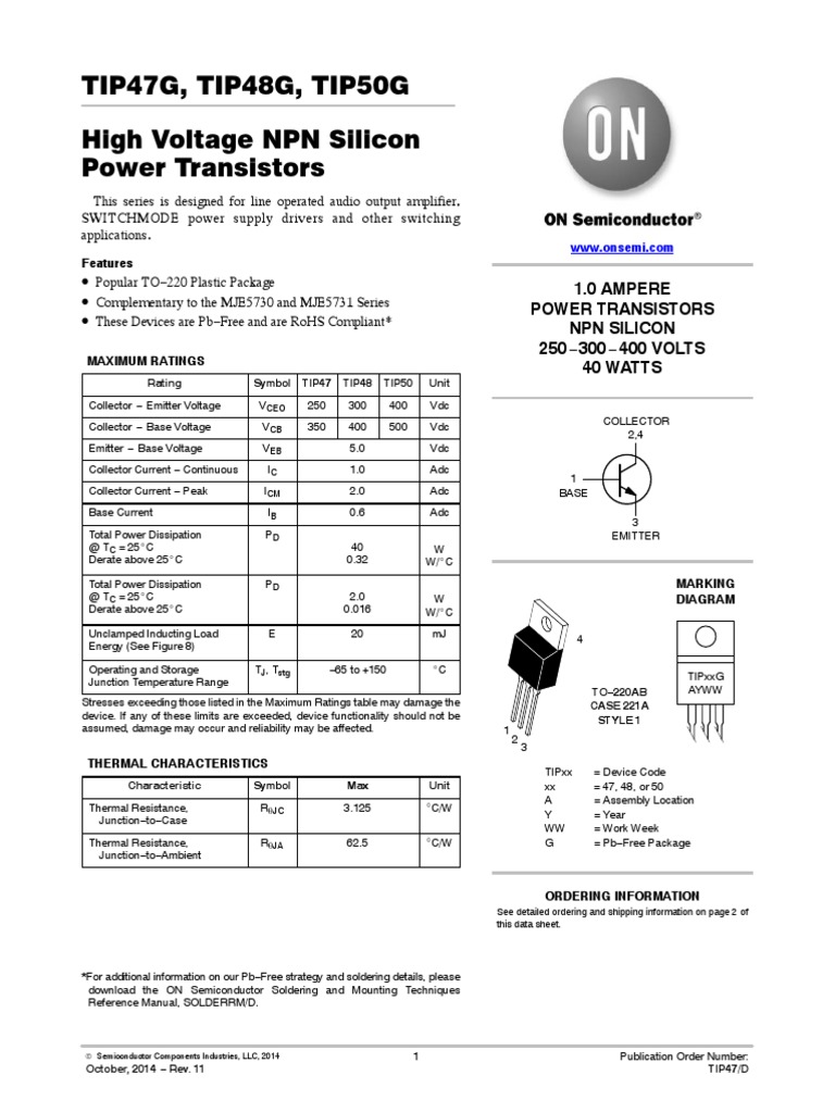 TIP47G, TIP48G, TIP50G High Voltage NPN Silicon Power Transistors PDF Bipolar Junction