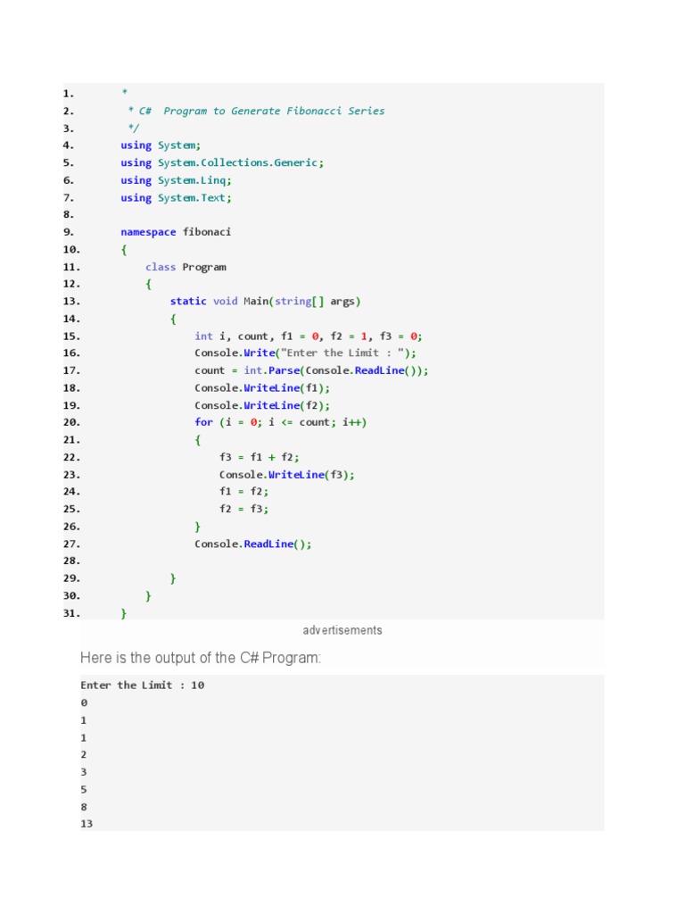 Using Using Using Using Namespace: C# Program To Generate Fibonacci ...