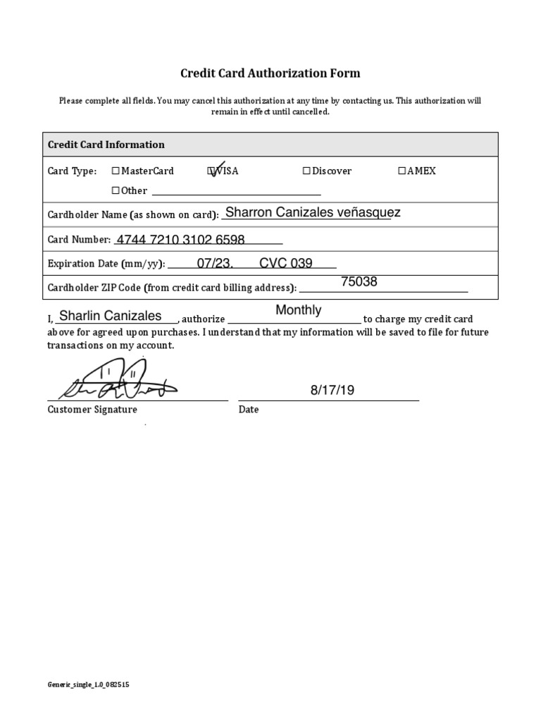 Card On File Authorization Form PDF
